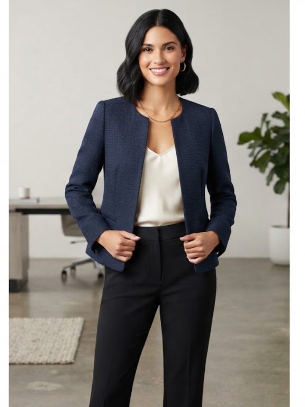 Club Monaco Classic Luxury Navy Blue Collarless Tweed Blazer Jacket Size 4